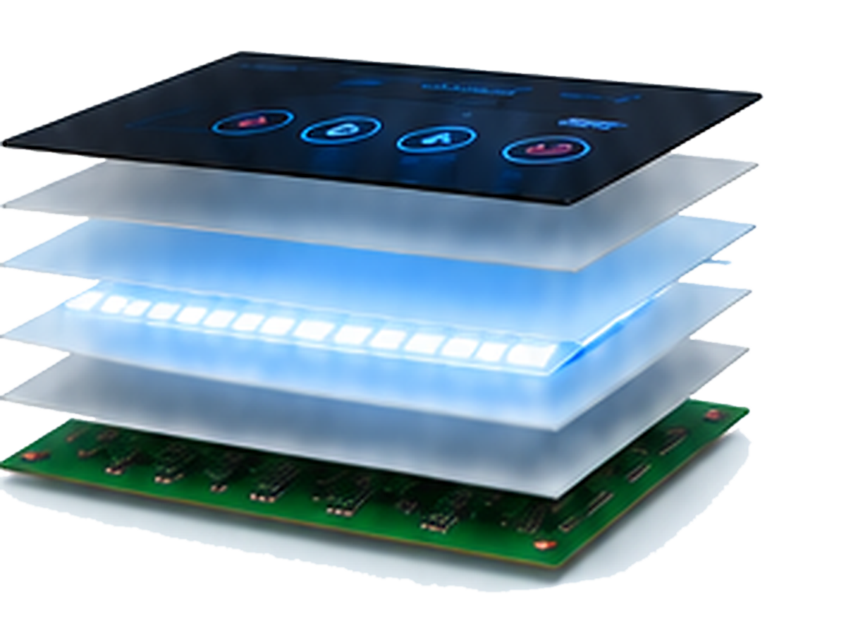 Exploded backlit interface stack showing overlay, optical layers, light source, and circuit assembly