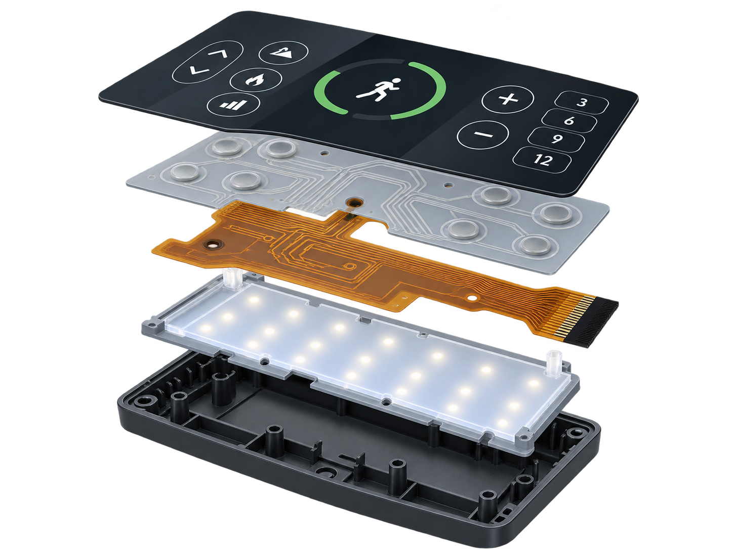 Exploded view of an integrated fitness interface assembly