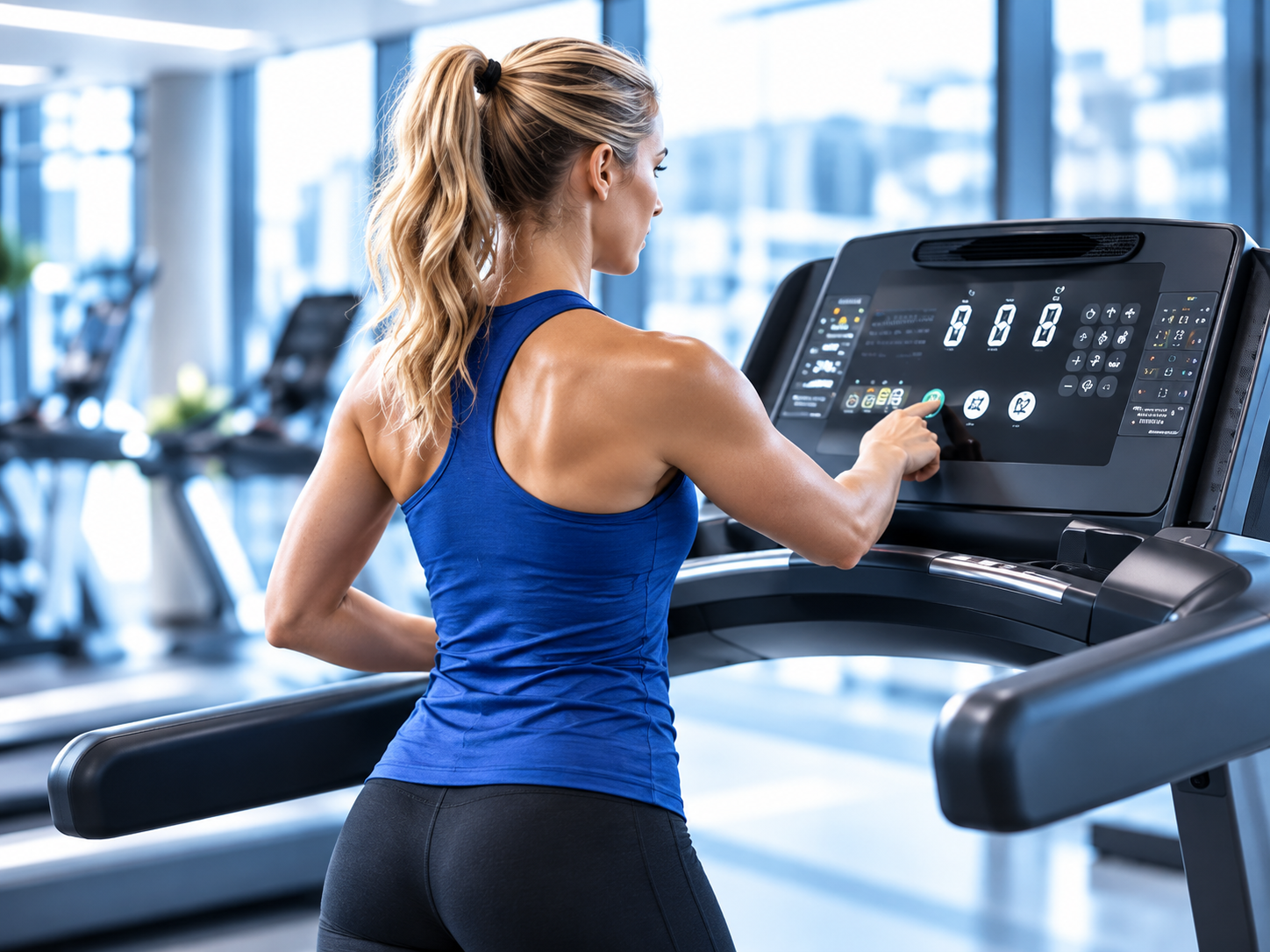 Fitness equipment HMI on a treadmill in a modern gym