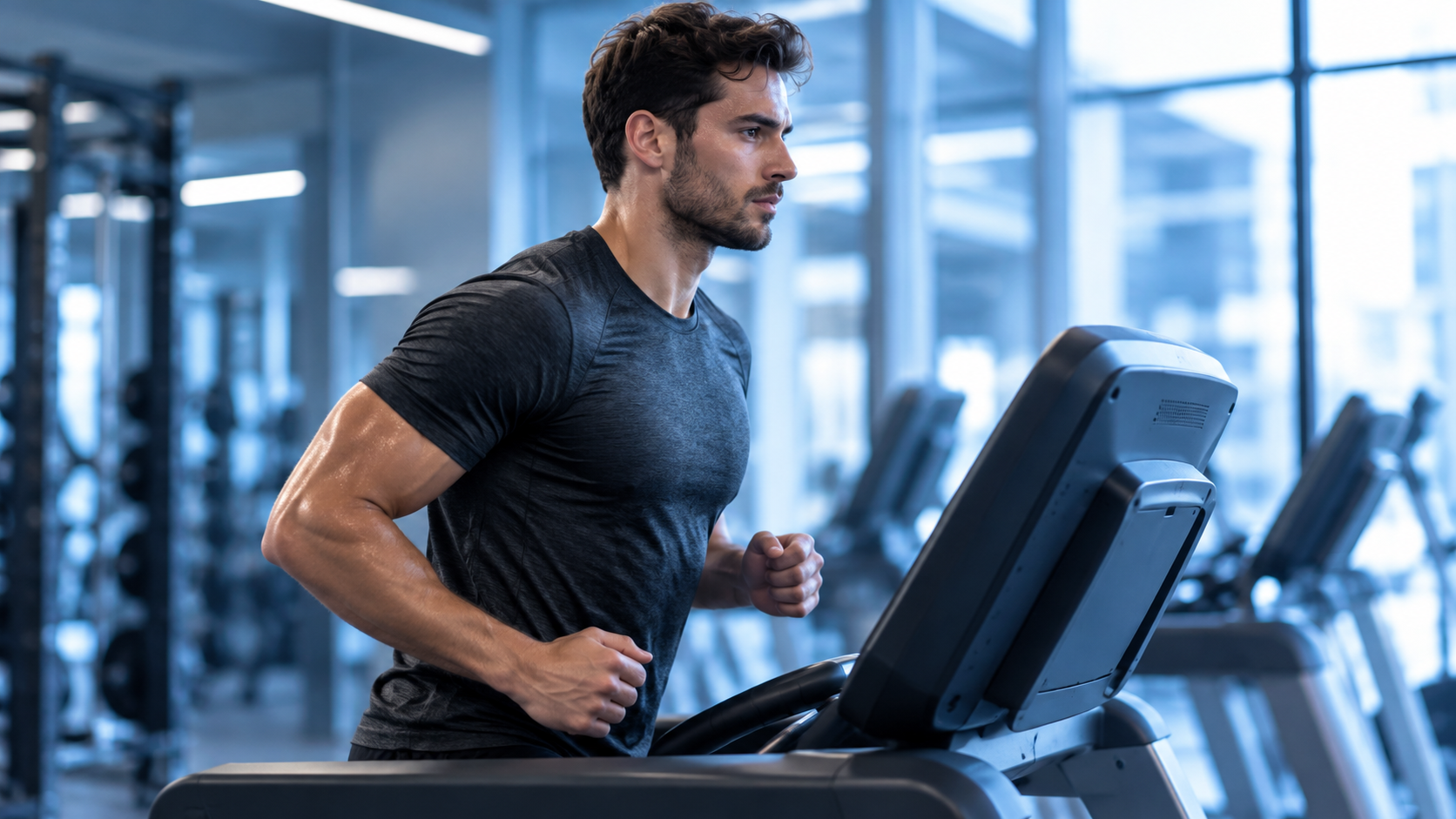Fitness user interacting with connected exercise equipment