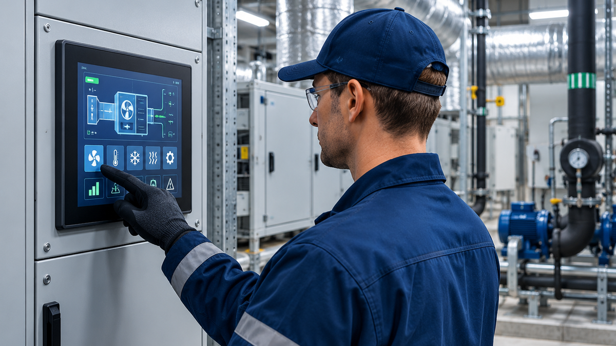 Technician interacting with a commercial building control interface