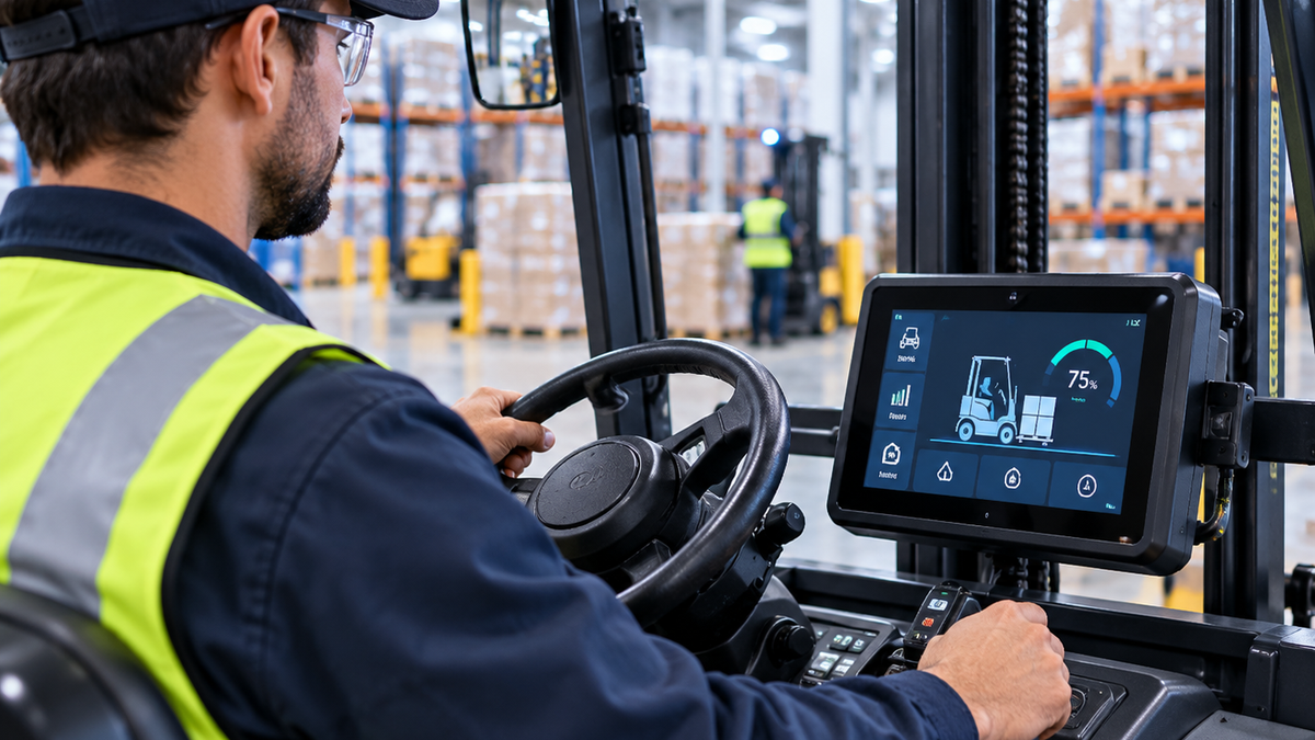 Operator using controls on material handling equipment as an example of capital machinery