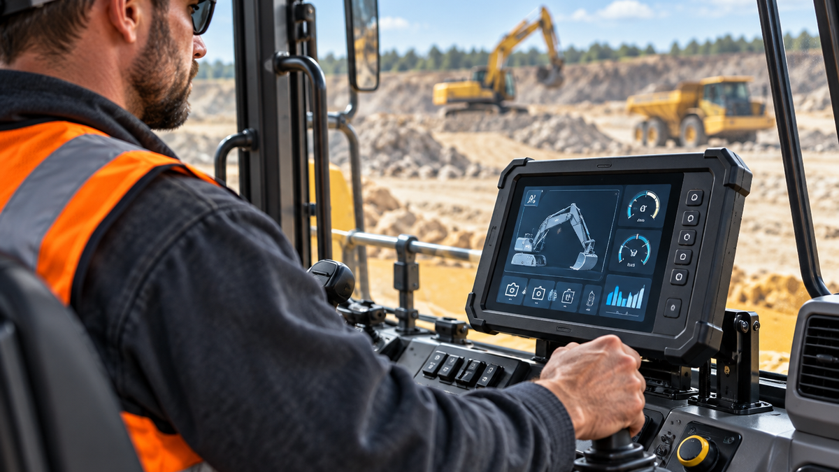Heavy equipment operator using rugged mobile machinery controls