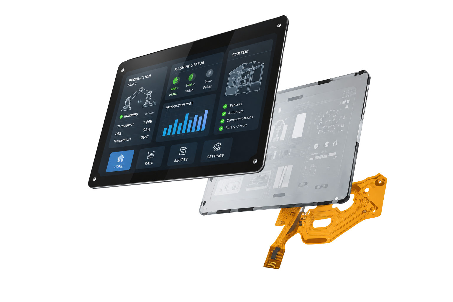Exploded industrial HMI interface assembly