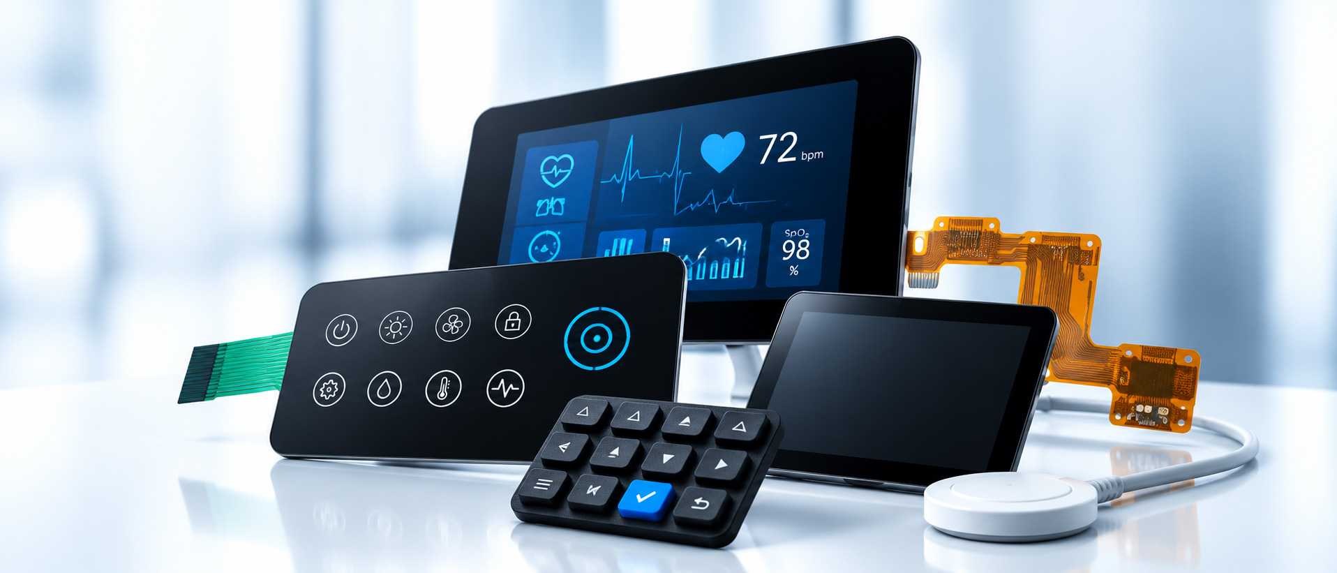 Printec HMI product lineup including a display module, membrane switch, touch screen, keypad, flexible printed circuit and medical sensor