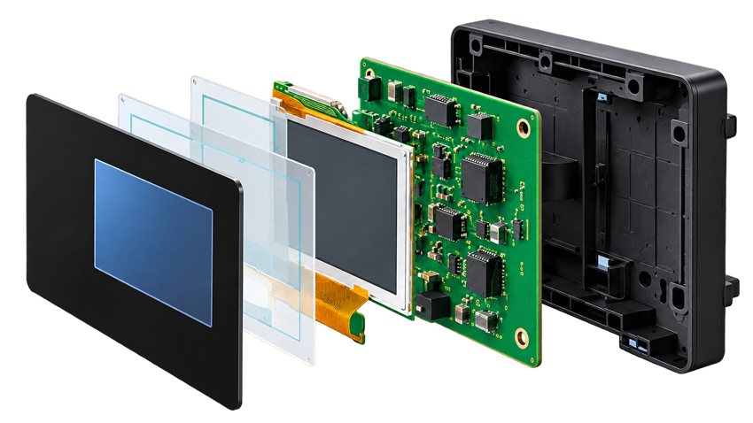 Exploded HMI system showing interface, circuit, electronics, display, and enclosure