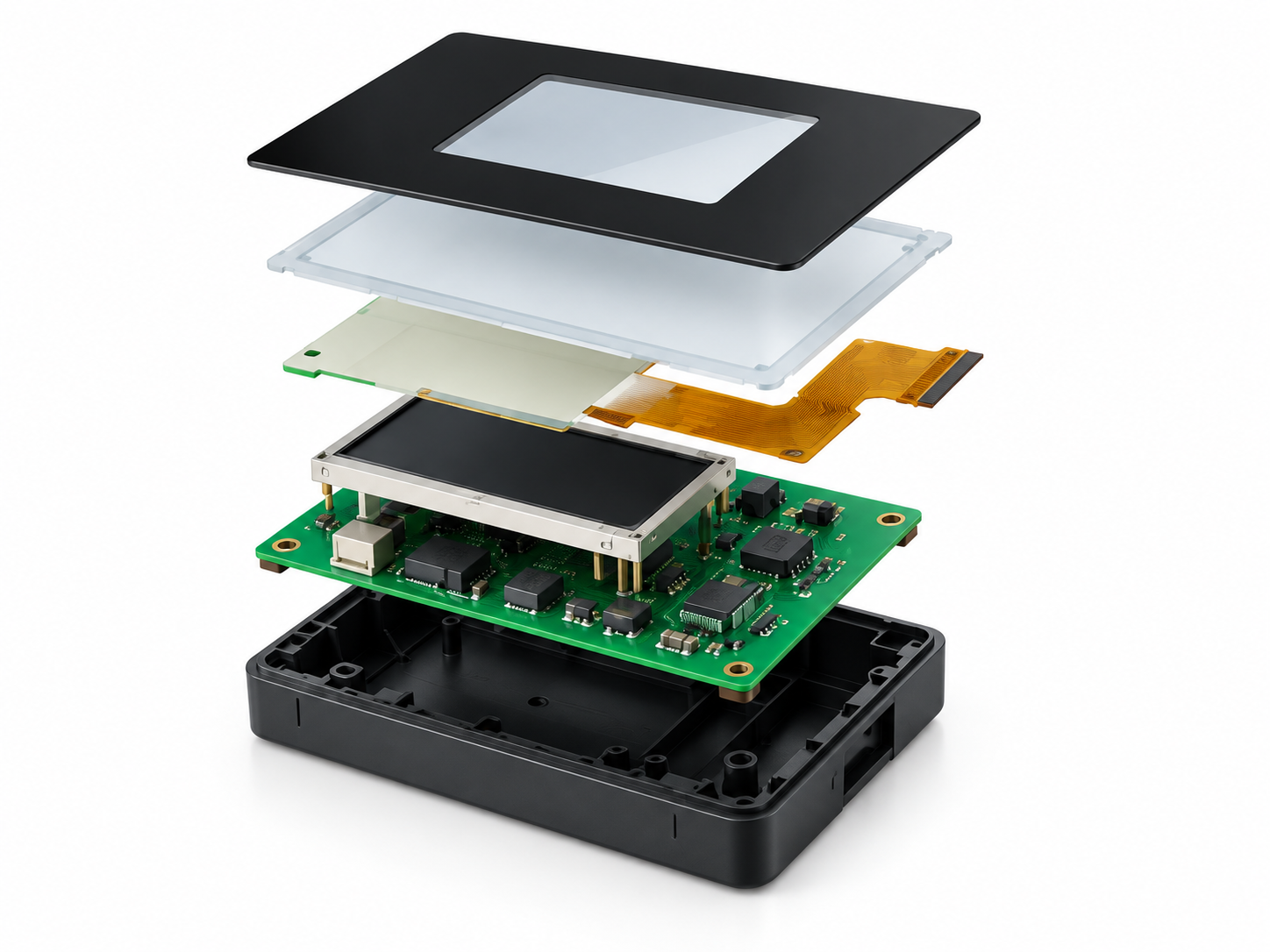 Exploded HMI assembly showing interface layers, electronics, and housing