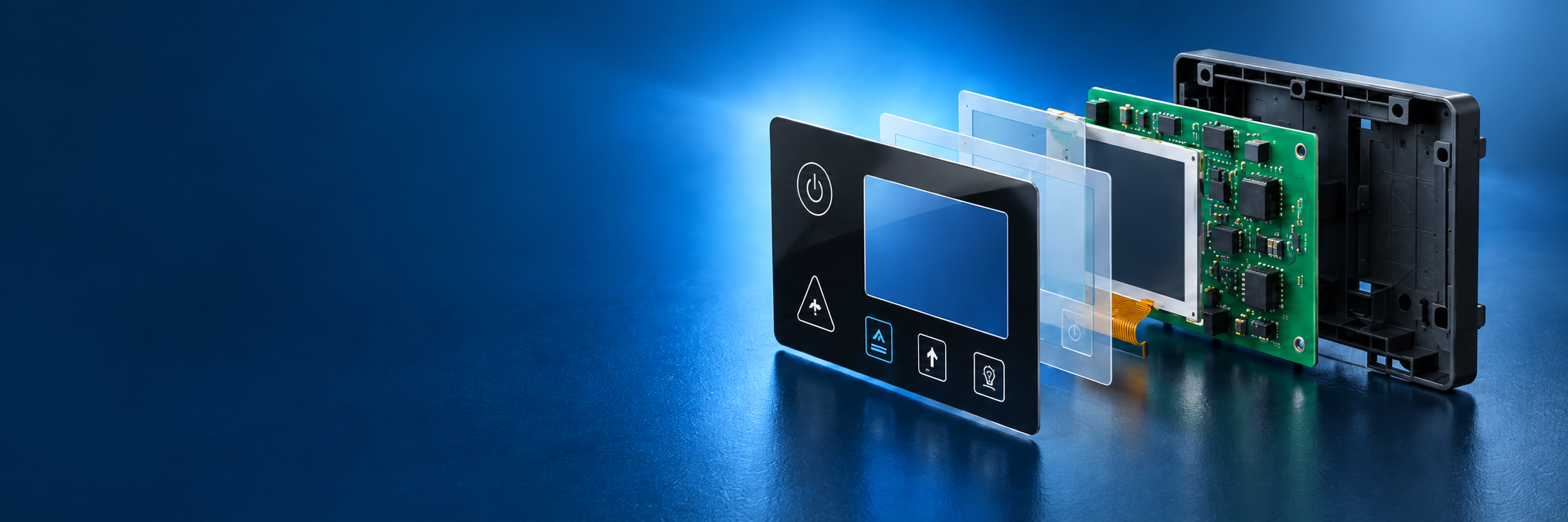 Exploded turnkey HMI assembly showing interface, display, circuit, controller, and housing